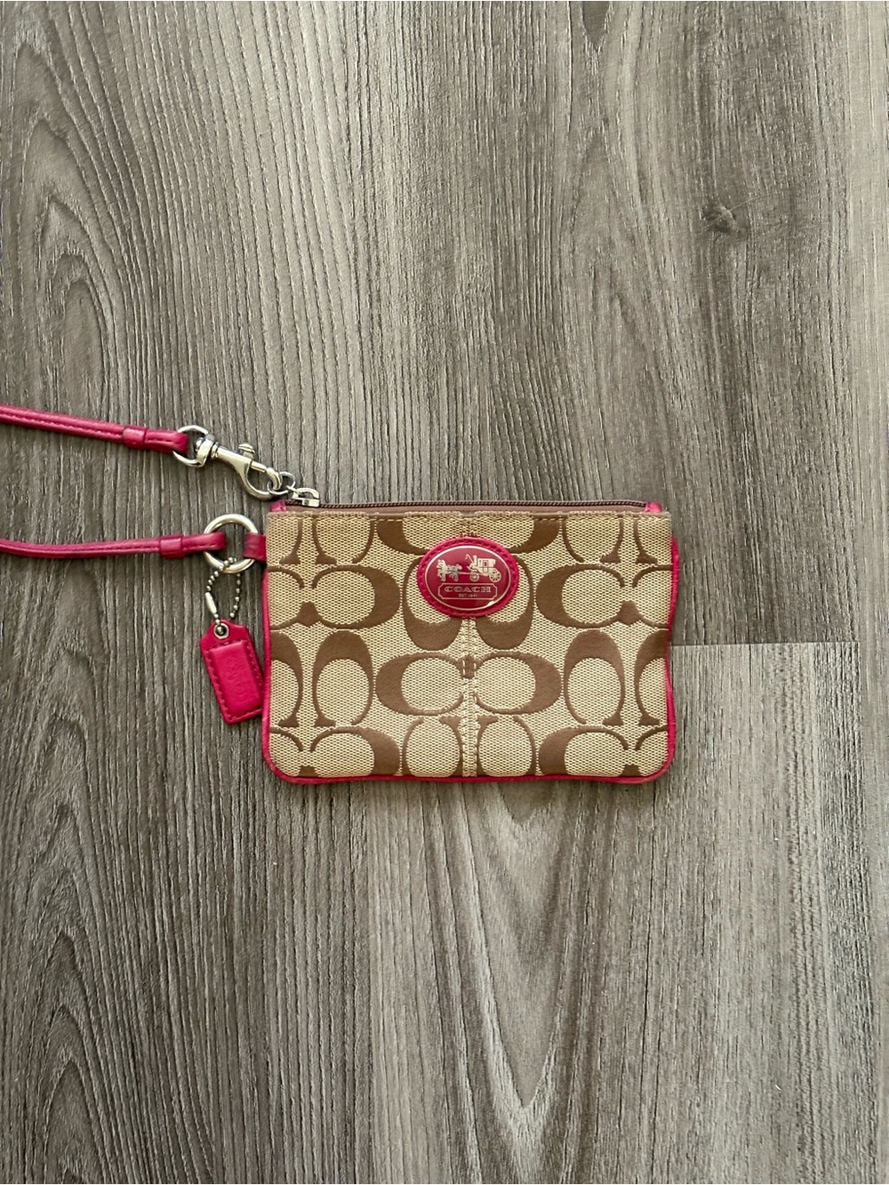 Coach Tan Signature Canvas Wristlet with Pink Trim